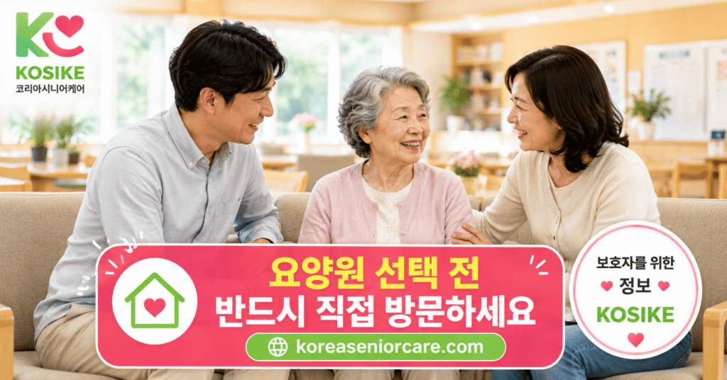 보호자 가족이 어르신과 요양원 방문 상담하는 따뜻한 장면 요양원 선택 기준 안내