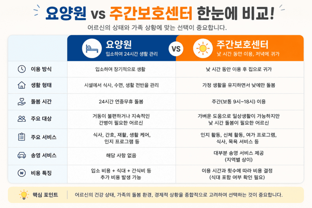 요양원 주간보호센터 차이 비교