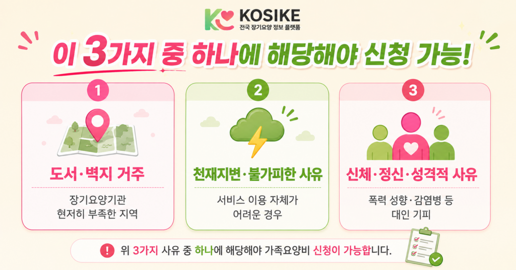 장기요양 가족요양비 신청 대상자 3가지 도서벽지 천재지변 신체정신 사유 안내
