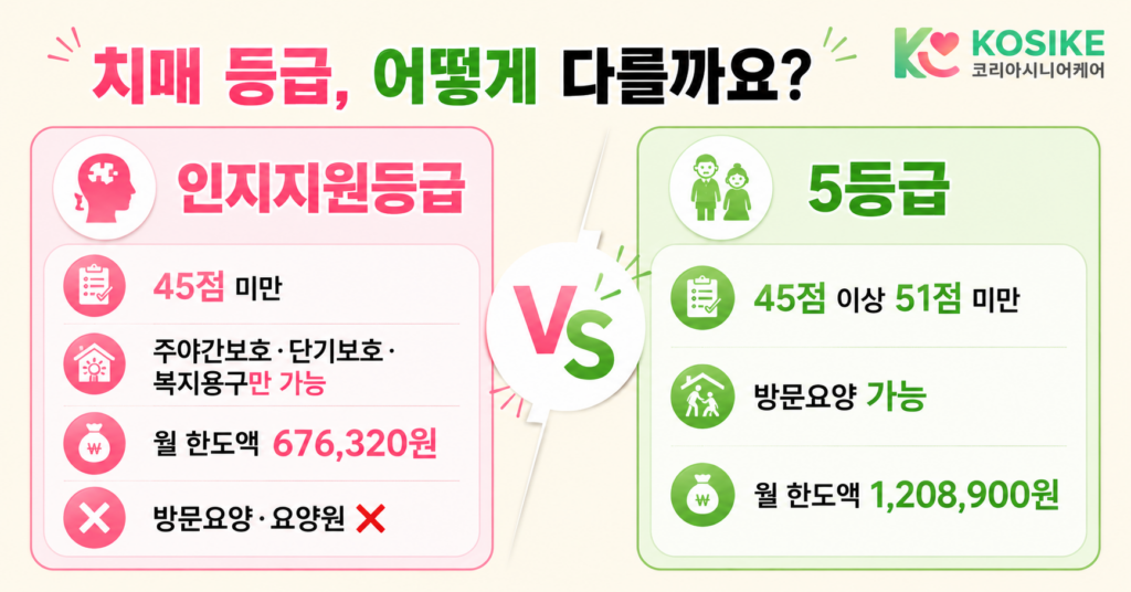 장기요양 인지지원등급과 5등급 차이 판정점수 이용가능서비스 월한도액 비교 인포그래픽
