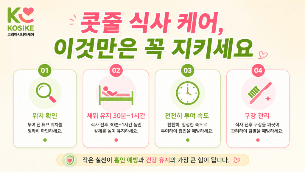 콧줄 식사 케어 주의사항 위치확인 체위유지 투여속도 구강관리