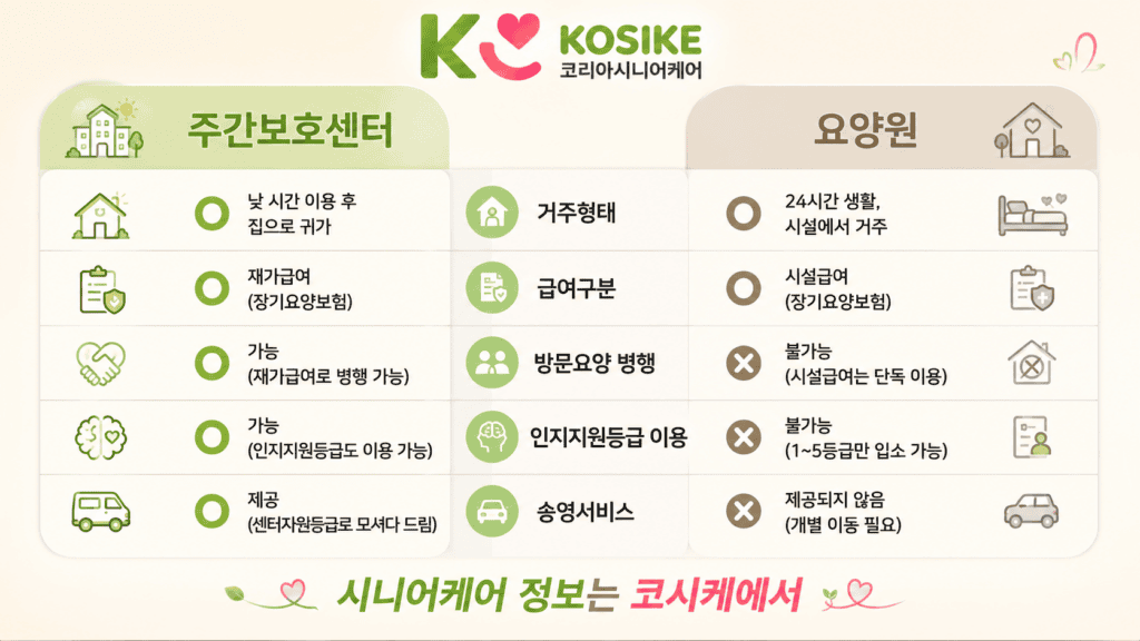 2026년 주간보호센터와 요양원 차이 비교 인포그래픽 — 거주형태, 급여구분, 방문요양 병행, 인지지원등급 이용 여부