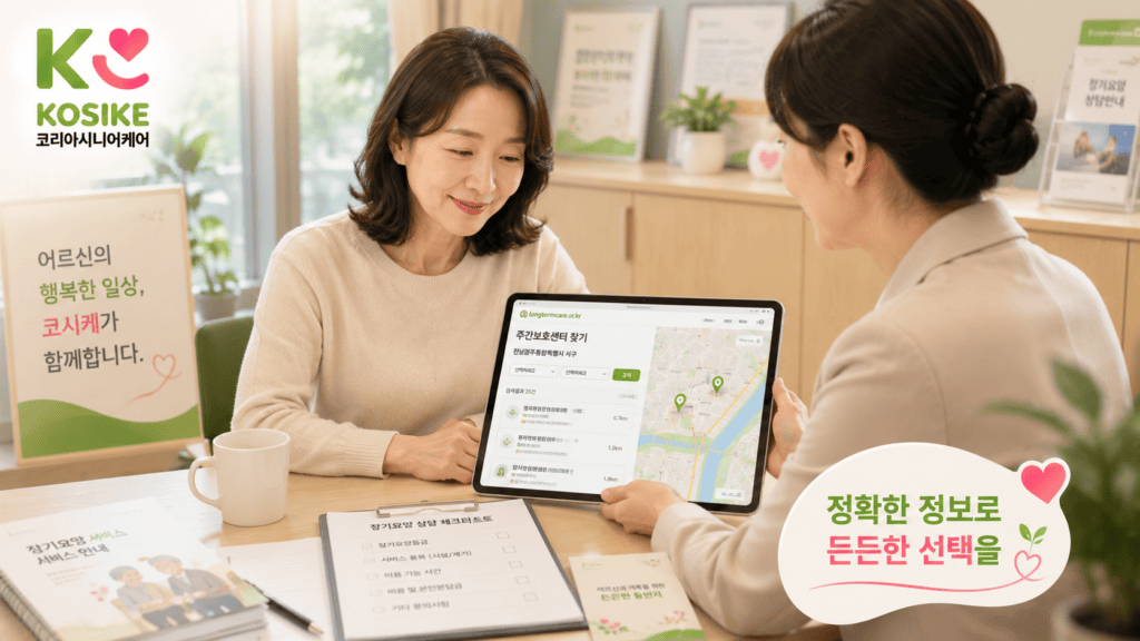 전남광주통합특별시 주간보호센터 상담 현장, 딸이 상담사와 함께 공단 홈페이지 기관 목록을 확인하는 장면