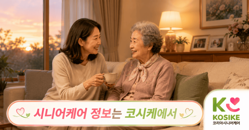 주간보호센터에서 돌아온 어르신과 딸이 저녁 거실에서 함께 웃는 따뜻한 장면, 코시케 시니어케어 정보