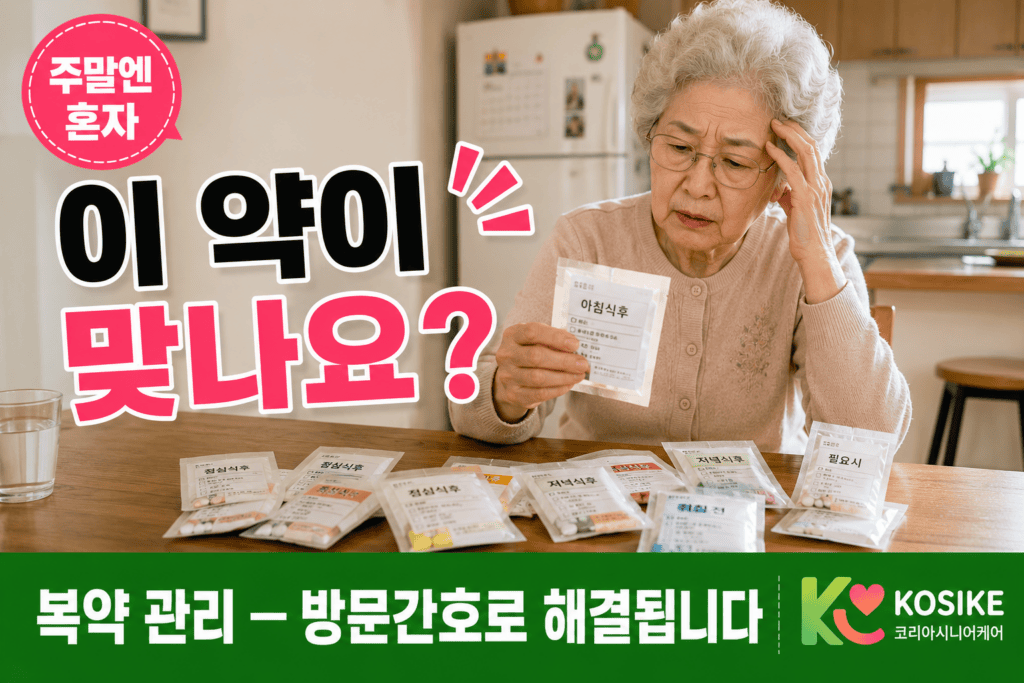 혼자 계신 어르신이 약통 앞에서 고민하는 장면