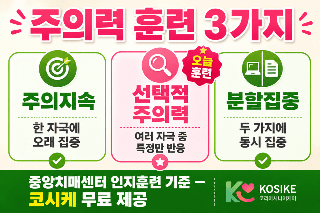 치매예방 주의력 훈련 3가지 종류 인포그래픽